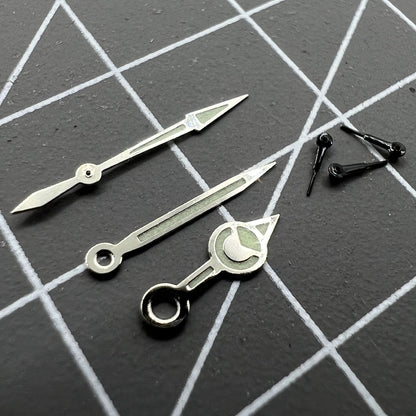 Black 12mm watch hands with silver trim and green luminous finish for Miyota 0S60 movement.