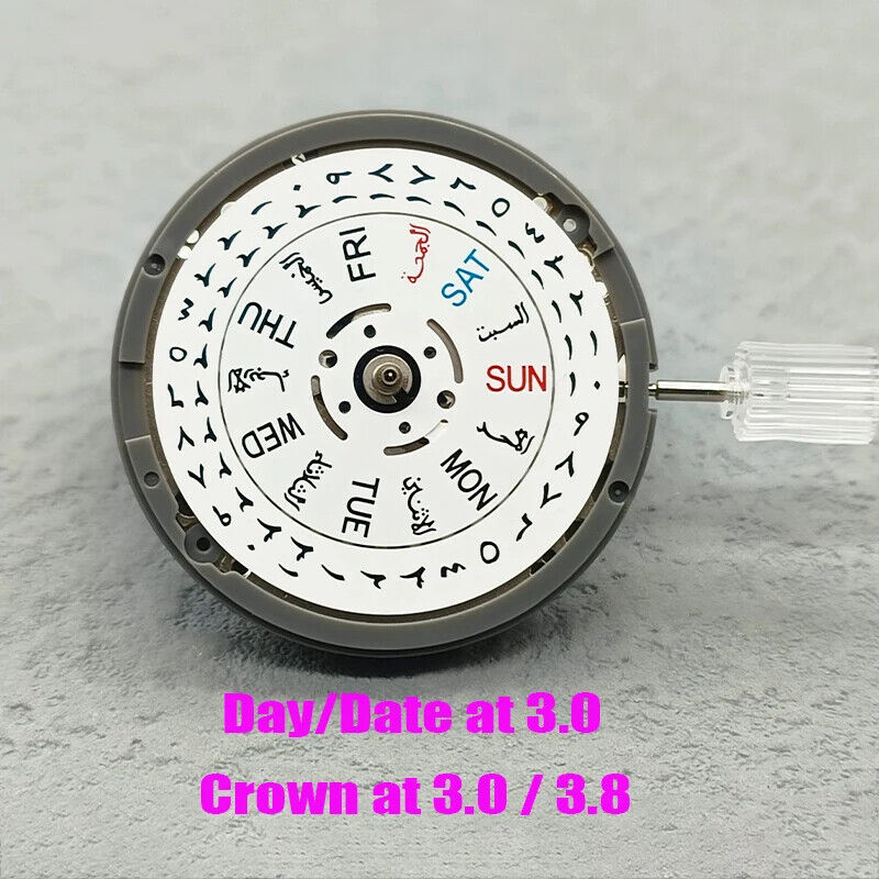 Japan Made NH36 automatic watch movement with Arabic date dial and crown at 3 o'clock, precise and durable.