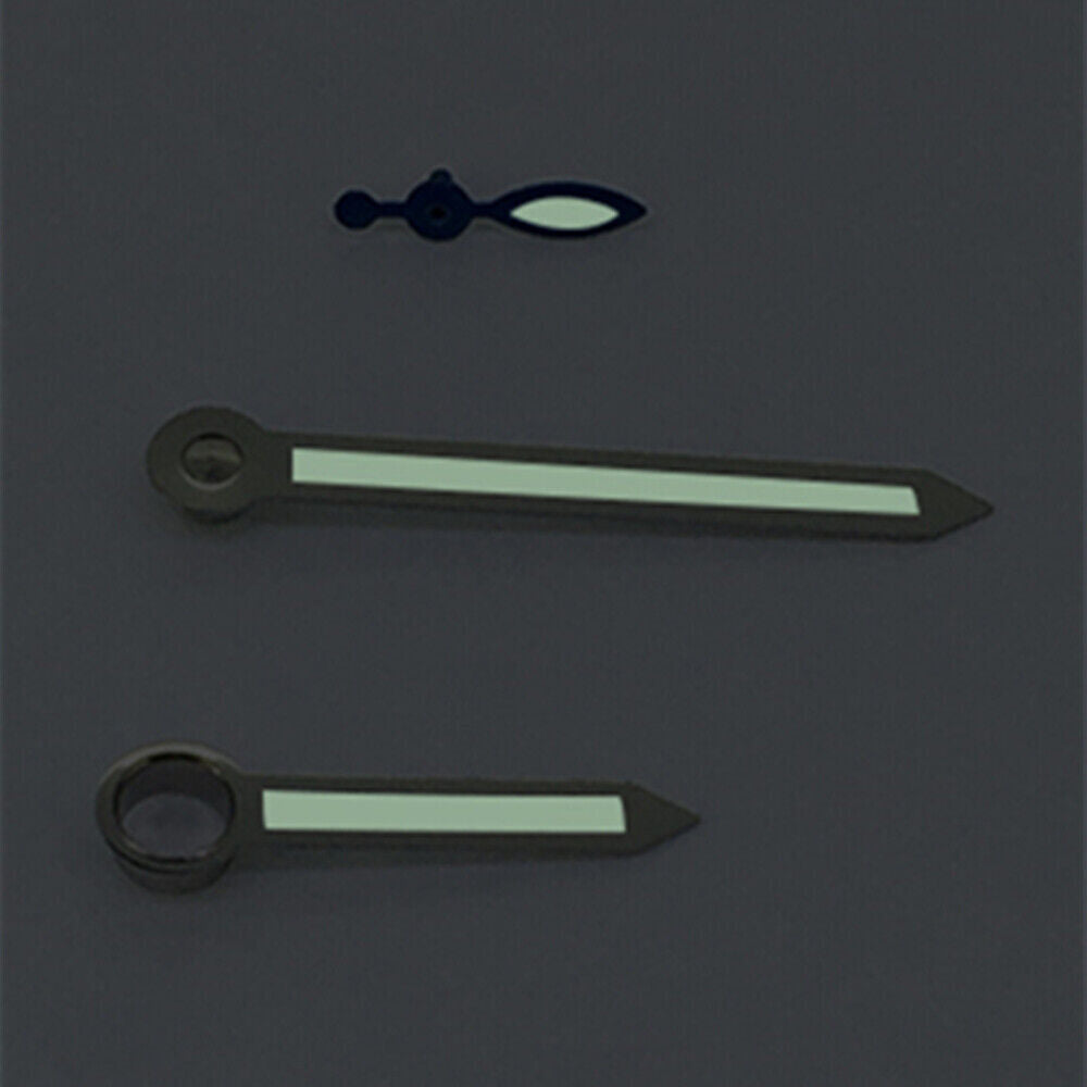 Silver arrow-shaped green lume watch hands, compatible with ST3600, ST3620, ETA6497, ETA6498 movements.