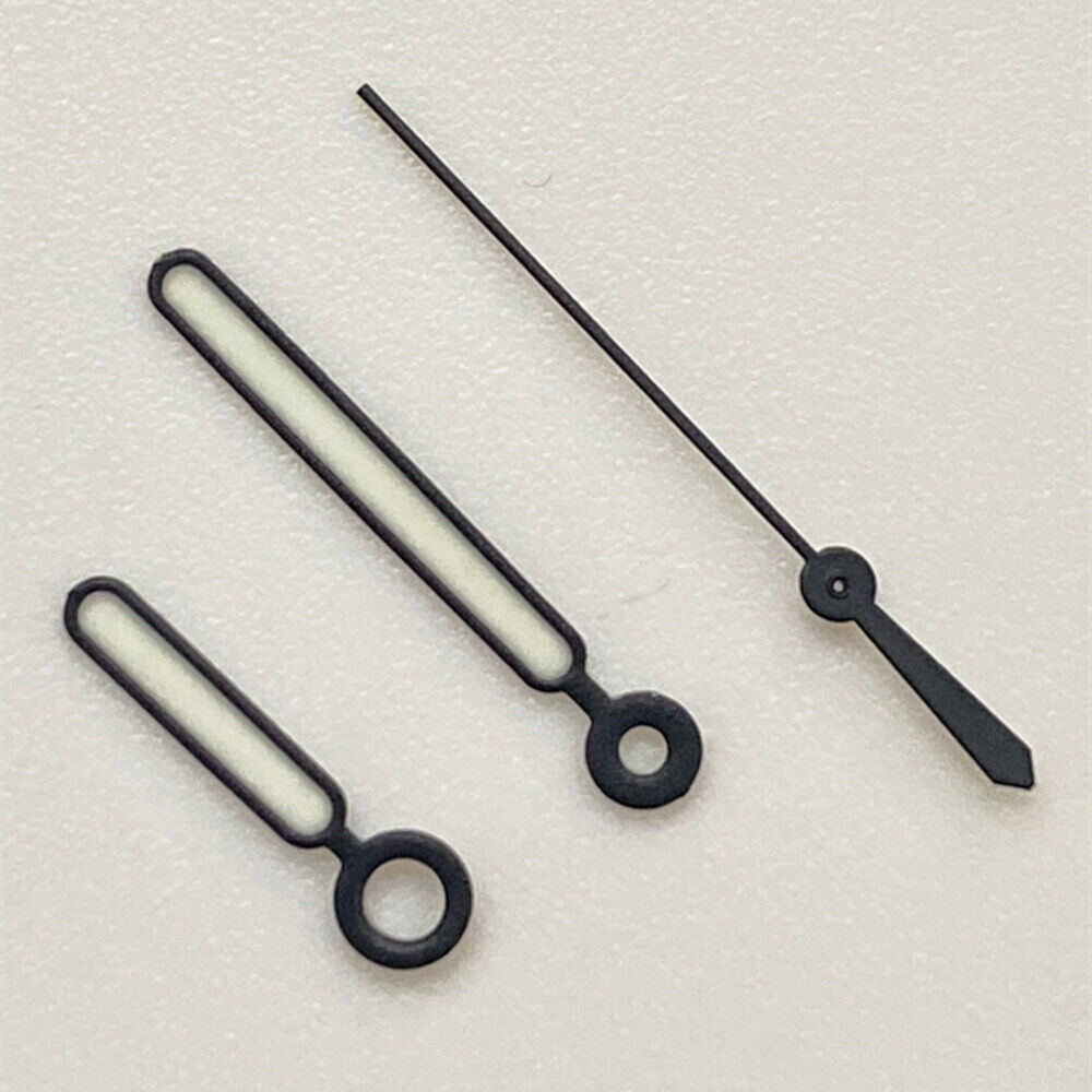 Set of 3 green luminous watch hands with black trim for NH35 NH36 movements.