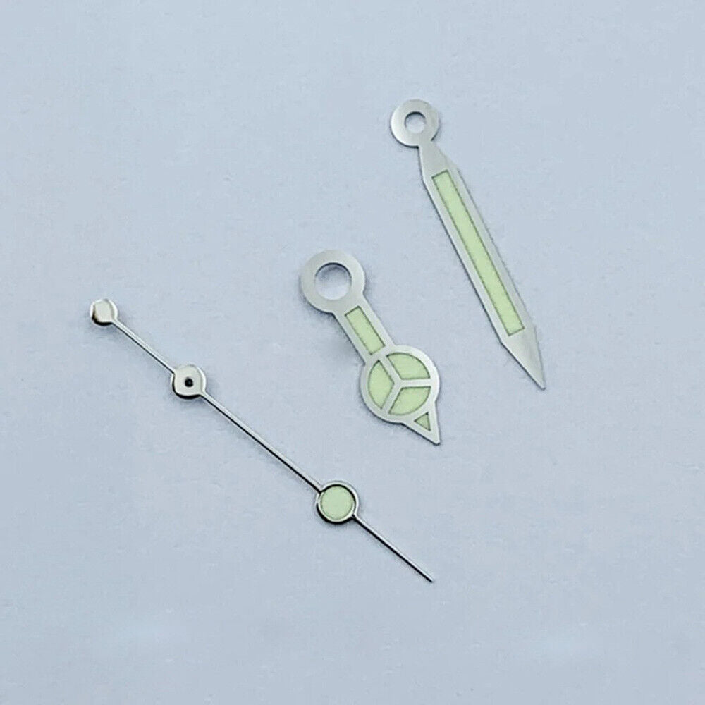 Green luminous watch hands with silver trim, compatible with NH35 NH36 movements for precise timekeeping.