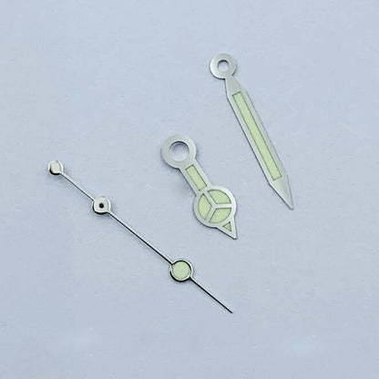 Green luminous watch hands with silver trim, compatible with NH35 NH36 movements for precise timekeeping.
