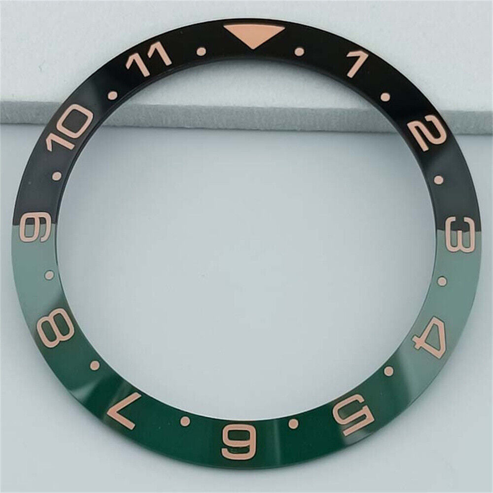 Black and green 38mm ceramic GMT bezel with white and gold font, compatible with SUB watches.