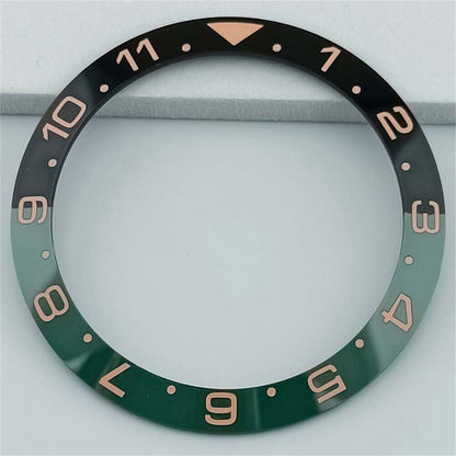 Black and green 38mm ceramic GMT bezel with white and gold font, compatible with SUB watches.
