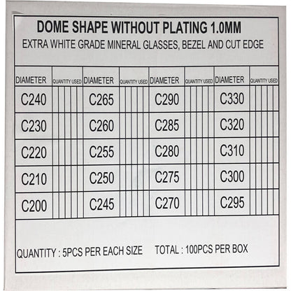 Dome Shape Extra White Grade Mineral Watch Glass 5 Size 100PCS/Box 1.0mm