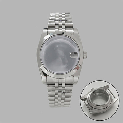 36mm stainless steel watch case and strap, featuring transparent calendar window for NH35/36 movements.