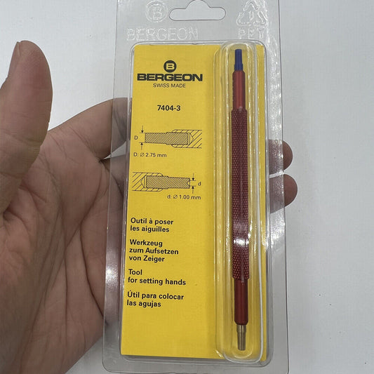 Bergeon 7404-3 watch hand fitting tool with ergonomic handle for precise accessory installation.