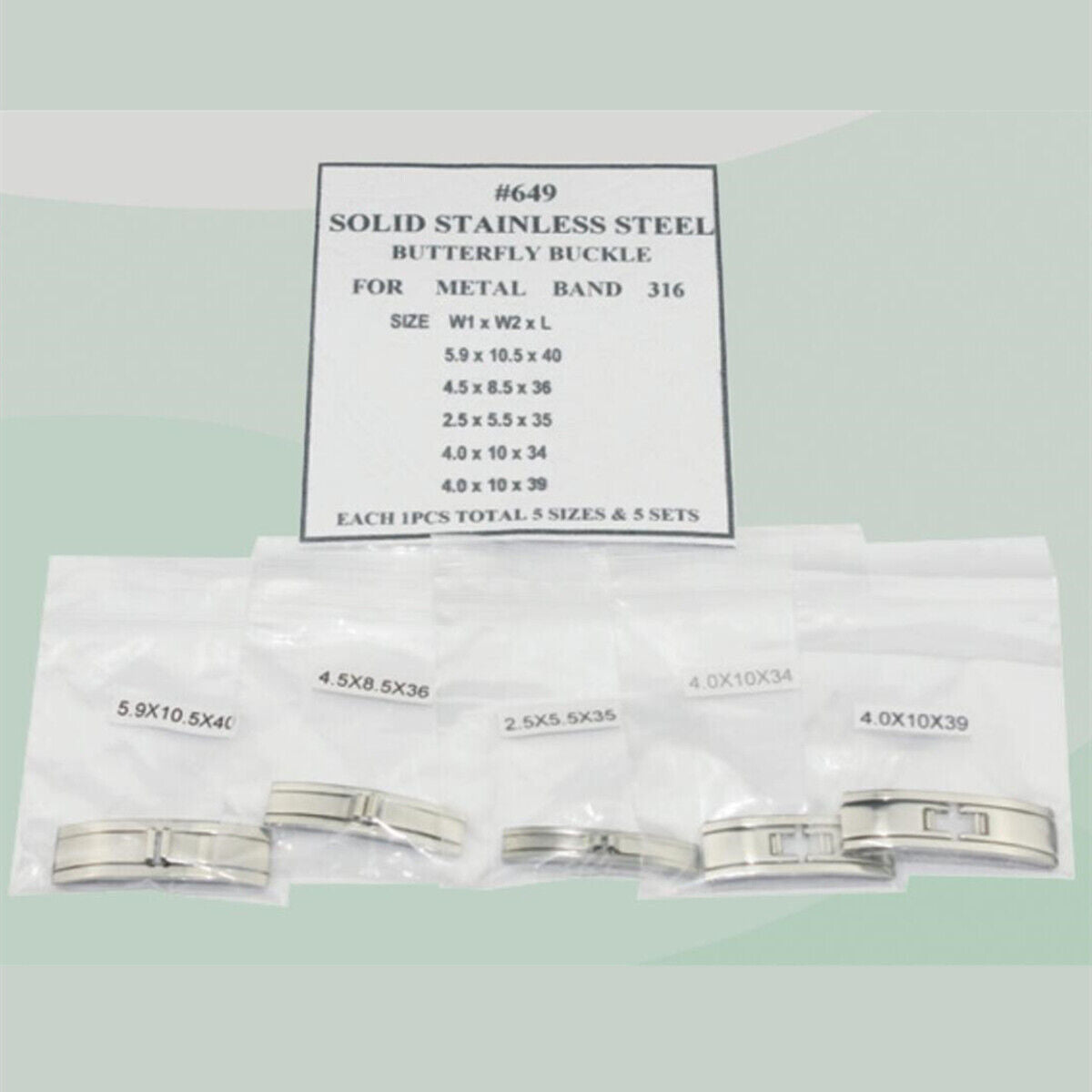 Set of 5 solid 316 stainless steel butterfly buckles in 5 sizes, perfect for metal watch bands.