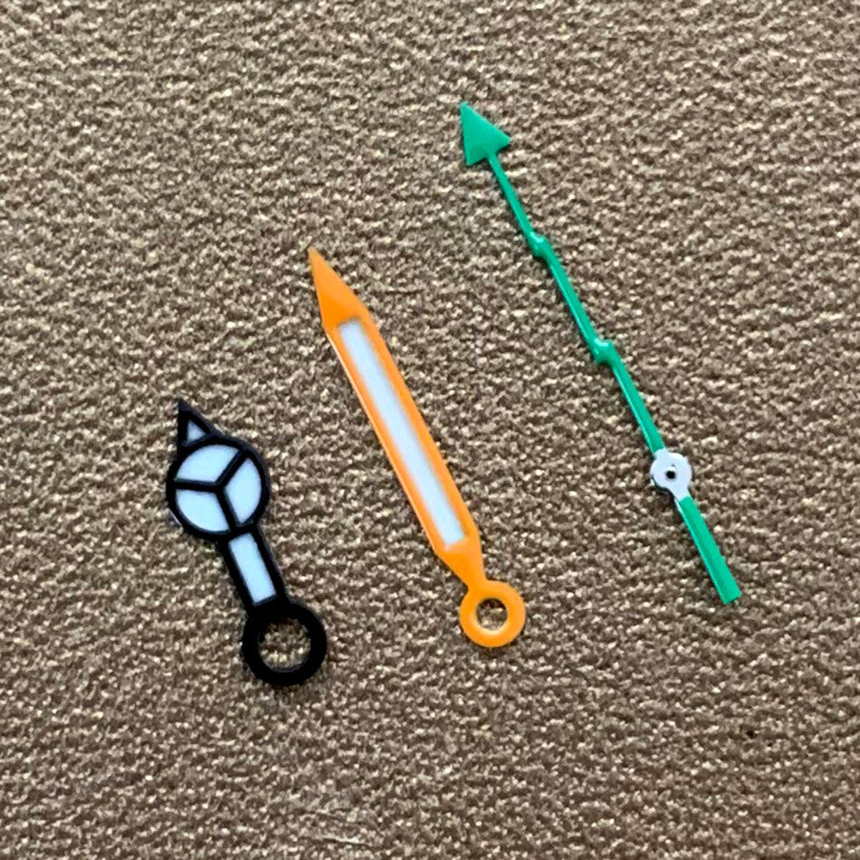 Blue luminous hands set for NH35 NH36 watch movement with lightning-style second hand.