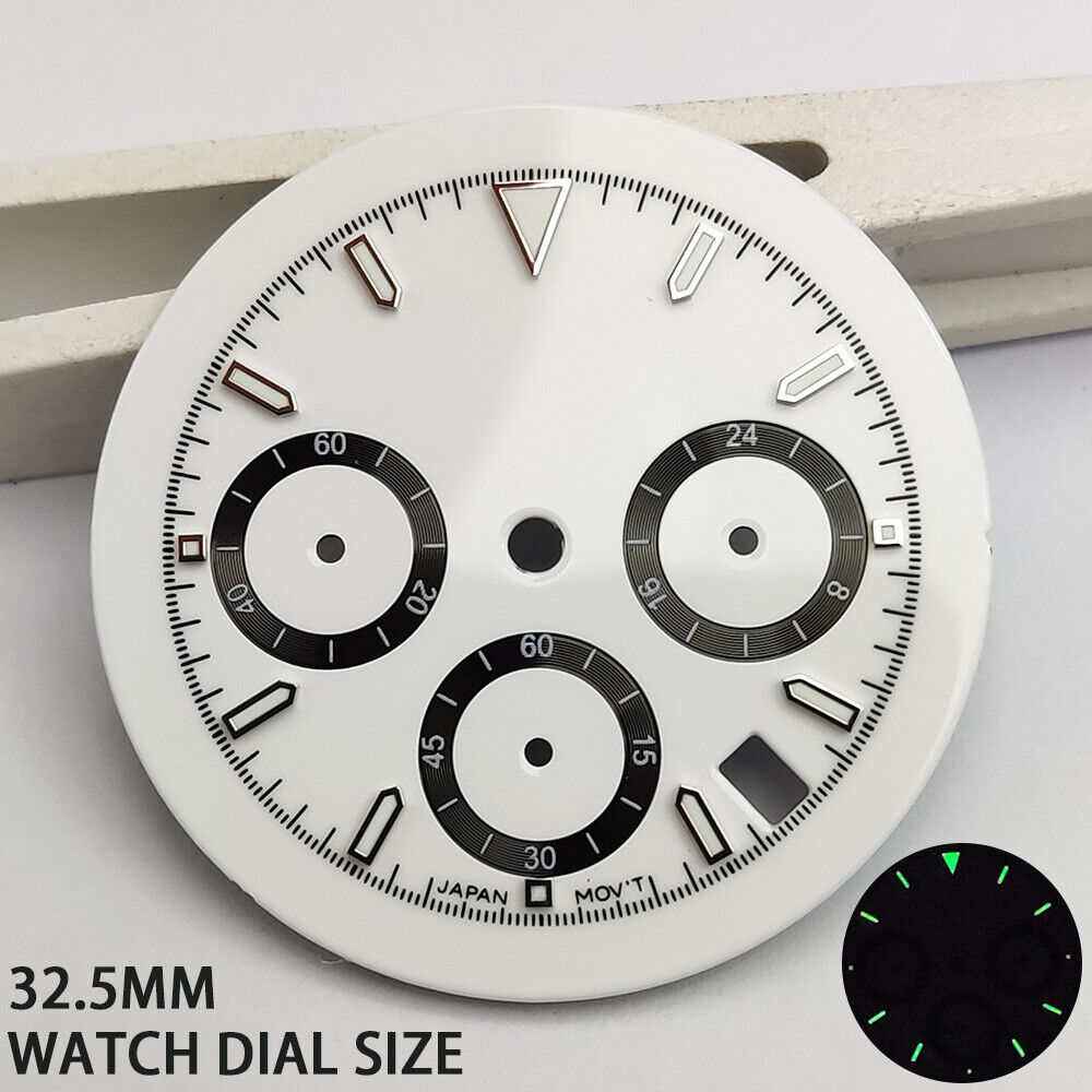 Green luminous hour markers on matted white dial, designed for VK63 quartz watches.