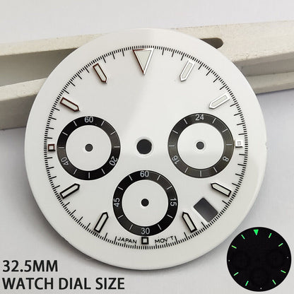 Green luminous hour markers on matted white dial, designed for VK63 quartz watches.