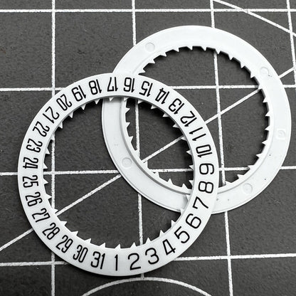 White special font date disk wheel for Miyota 8215 watch movement with date display at 6 o'clock.