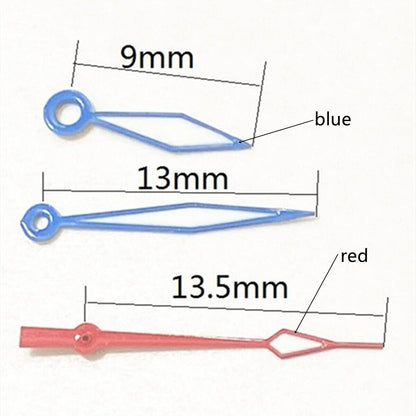 Diamond-shaped blue luminous watch hands with red trim for Ronda 515 quartz, BrandName precision parts.
