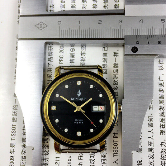 37mm Kongque automatic watch with black dial, double calendar, 33 jewels, elegant design.