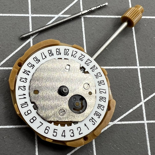 Miyota GL15 Japan Quartz watch movement showing date display at 6 o'clock position