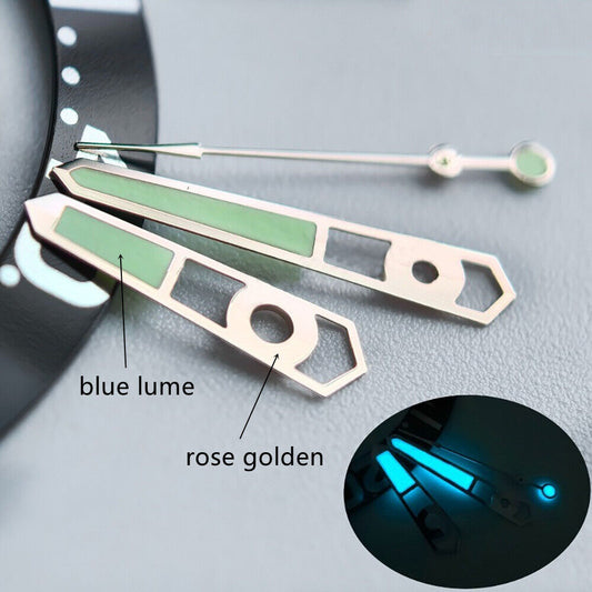 Hollow rose gold trim watch hands with blue lume for NH35 NH36 mechanical movement, stylish and precise.