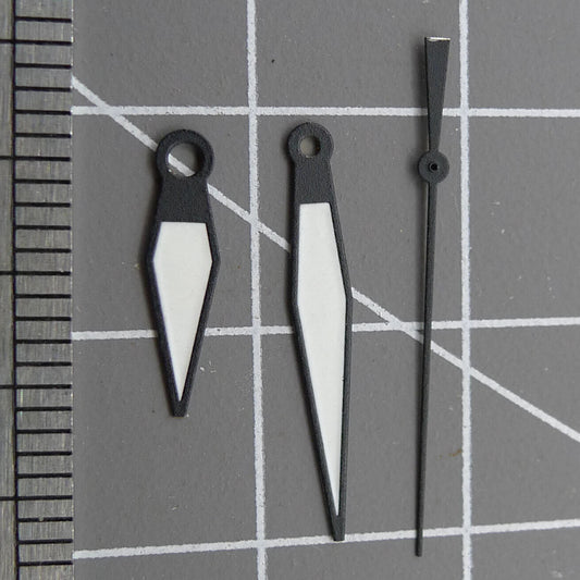 White diamond-shaped orange lume watch hands designed for ETA2836/2846/2824/2846 movements by White+diamond.