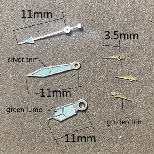 Aiguille de montre luminescente verte 11 mm, garniture dorée et argentée, pour mouvement Epson VD53, VD54 et VD57