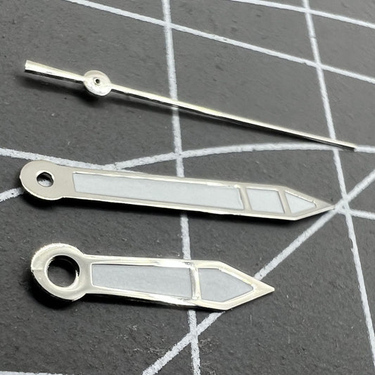 Silver trim white painted watch hands for Miyota 2315 series, compatible with models 2035 and 2036, precise fit