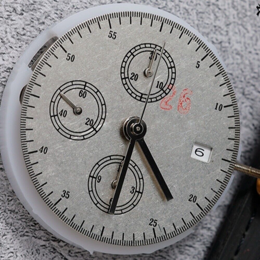 7750 Chronograph watch with automatic mechanical movement, small seconds at 3/6/9, and single date display.