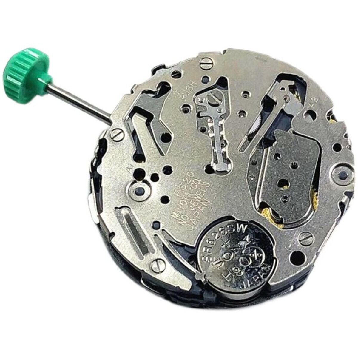 Miyota FS20 quartz chronograph watch movement with date at 3, precise Japanese engineering detail.