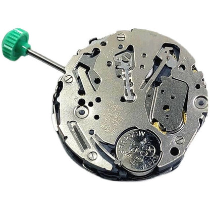 Miyota FS20 quartz chronograph watch movement with date at 3, precise Japanese engineering detail.