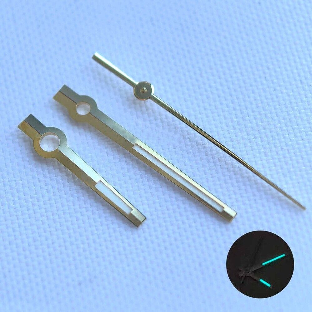 Golden blue lume watch hands for Rolex Datejust 3230/3235, enhancing visibility and style.