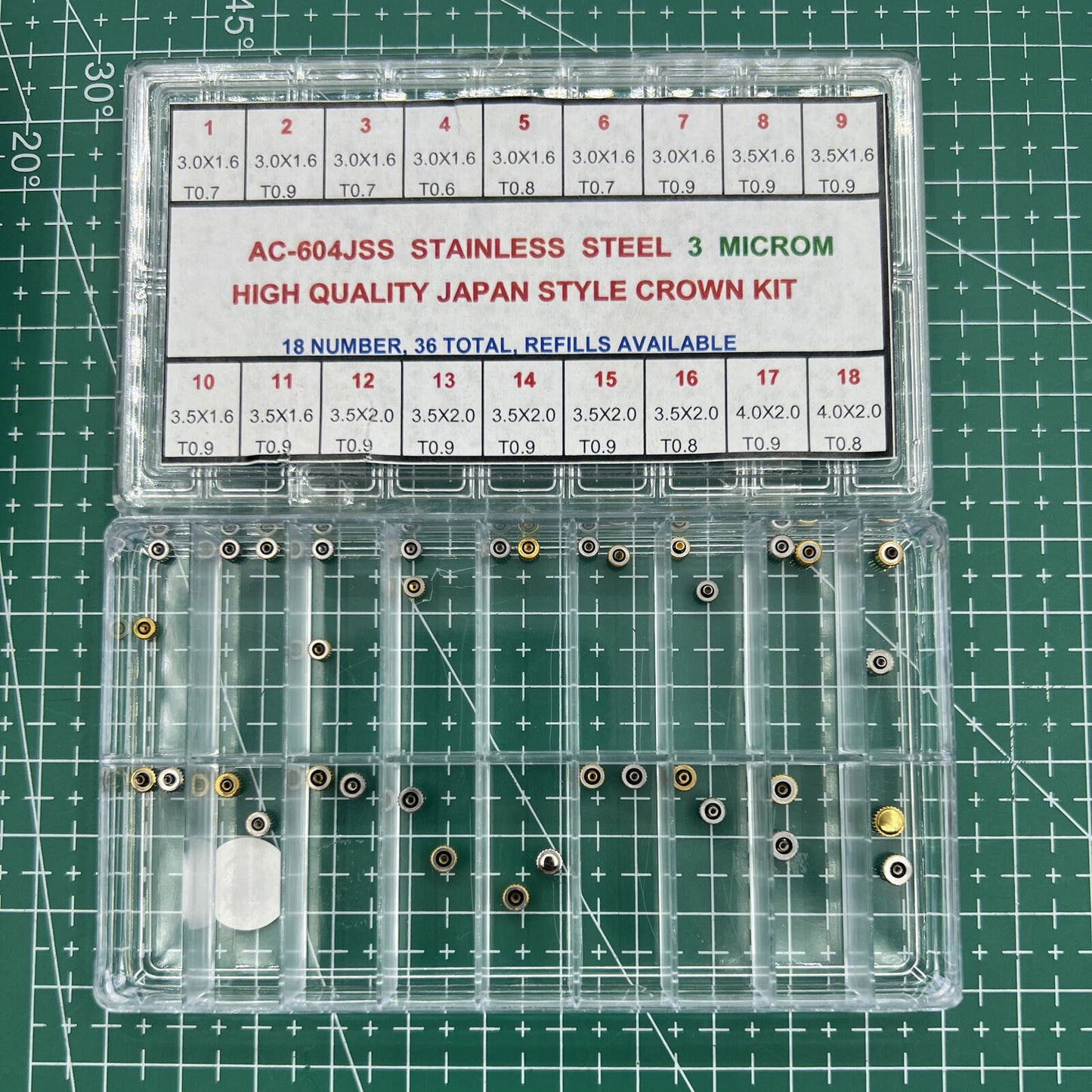 36-piece stainless steel watch crown set by Japan Style, ideal for watch repair and customization.