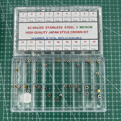 36-piece stainless steel watch crown set by Japan Style, ideal for watch repair and customization.