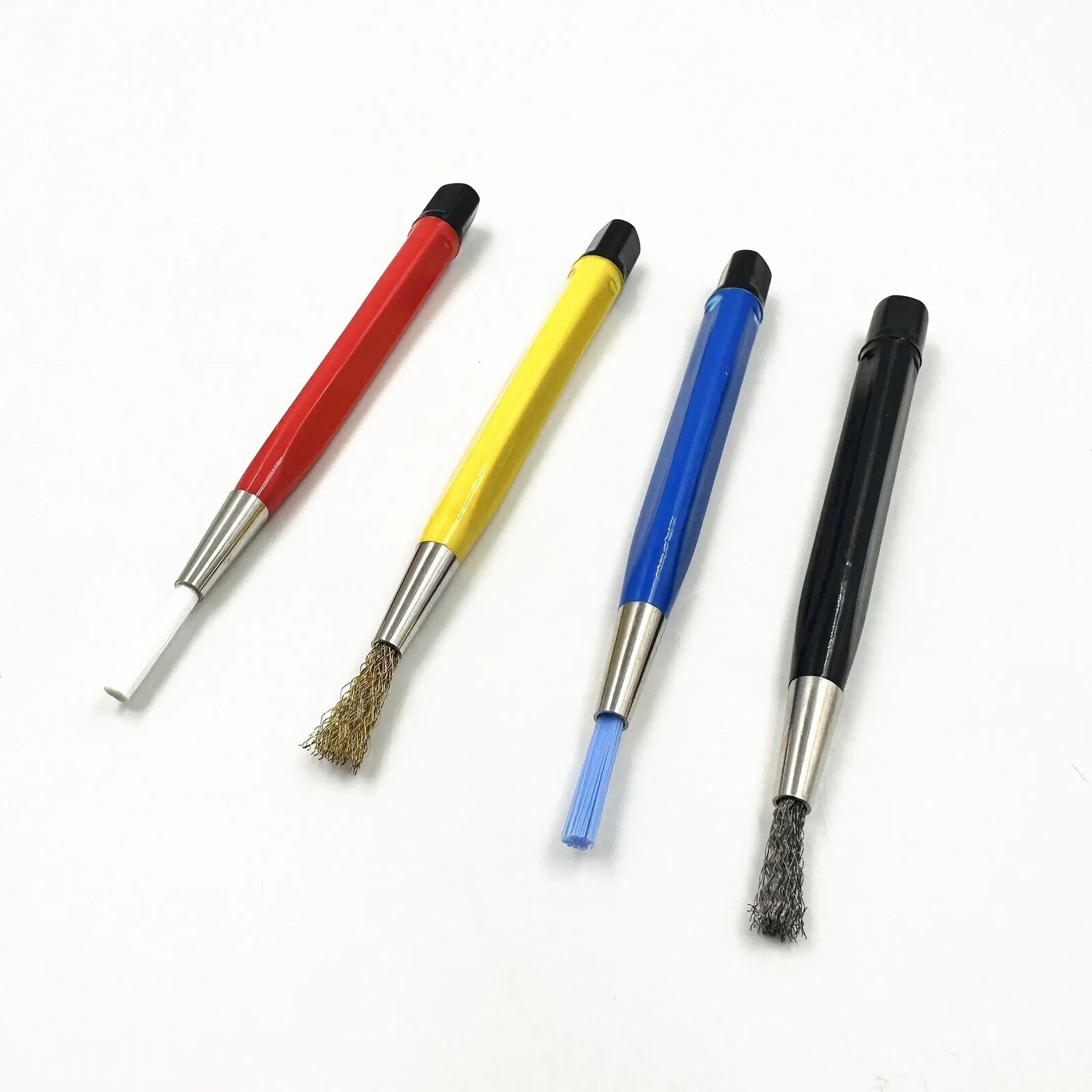 Scratch brush set with glass, steel, and nylon bristles for precise electronic watch repair.