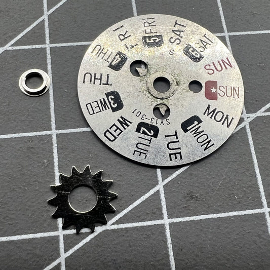 Red and black English week disk wheel for Orient 46941 46943 watch accessories with clear font design.