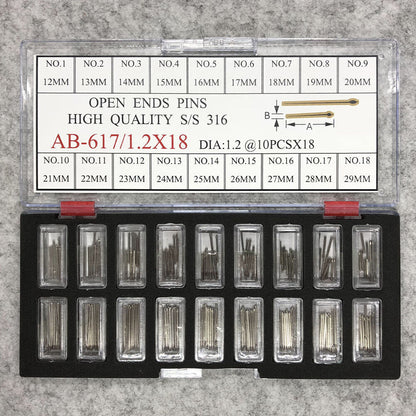 Dia 1.2mm stainless steel open end pins kit, sizes 12-29mm, 180 pieces for watch accessory repairs