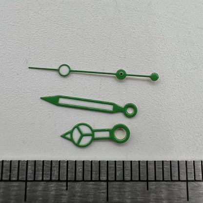 Green luminous watch hands set for NH35 NH36 movement, improving dial visibility and style.