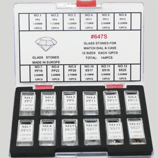144pcs set of artificial glass stones for watch dials and cases, 12 sizes.