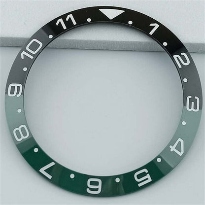 38mm black and green ceramic GMT bezel with white and gold font, fits SUB watches perfectly.