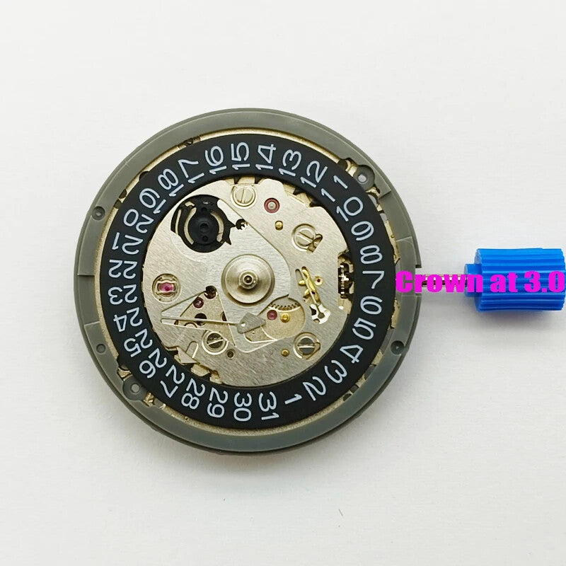 Japan NH35 automatic chronograph watch dial in black with date window and crown at 3 o?clock.