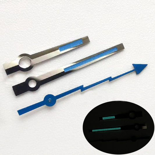 Blue painted watch hands with green lume and silver trim, compatible with 3135, 3235, 3230 movements.