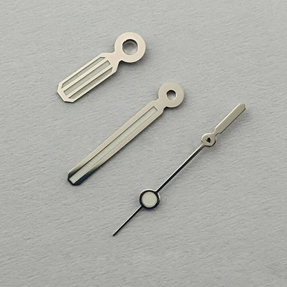 Silver luminous watch hands with trim for Miyota 8205, 8215, 821A, 2813, 3804 movements.