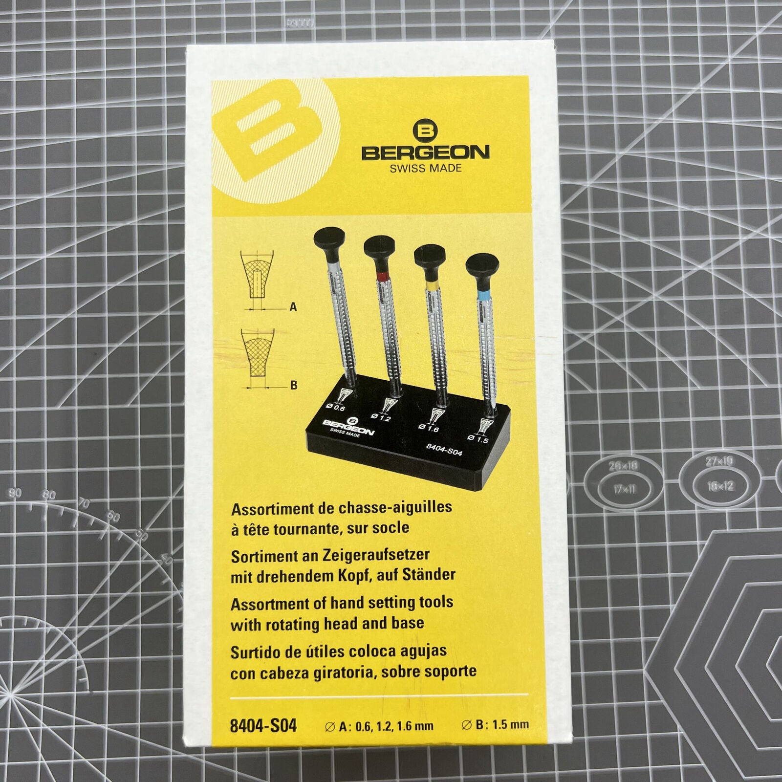 Swiss Bergeon 8404 watch hand fitting tools set of 4 on stand for precise watch repair accessories