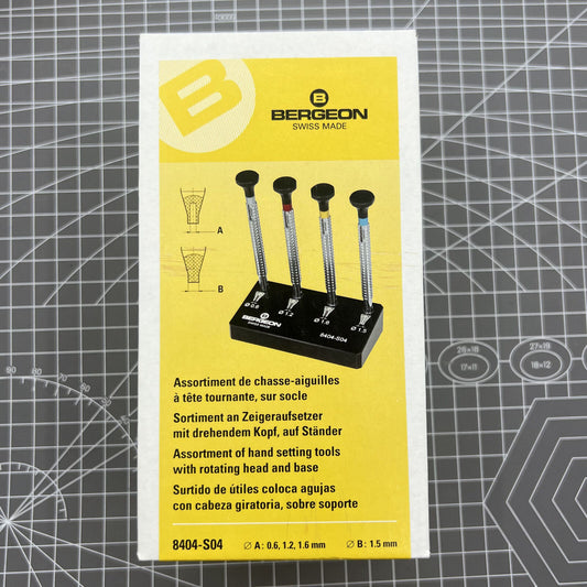 Swiss Bergeon 8404 watch hand fitting tools set of 4 on stand for precise watch repair accessories