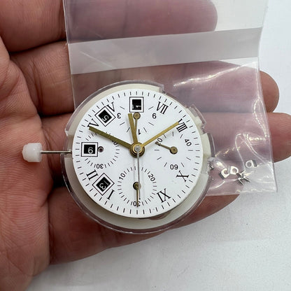 Swiss ETA 7750 chronograph watch with black dial, single calendar, and elegant design.