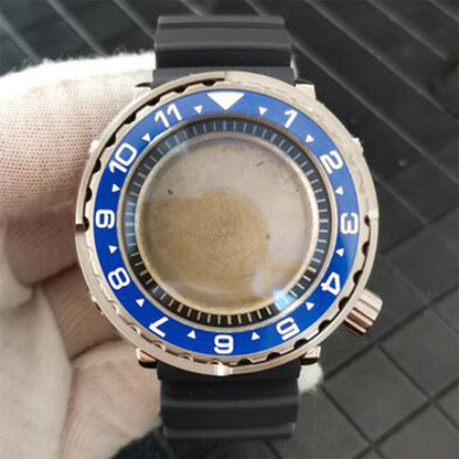 45mm stainless steel watch case with black strap for NH35/NH36 movement. Durable accessory.