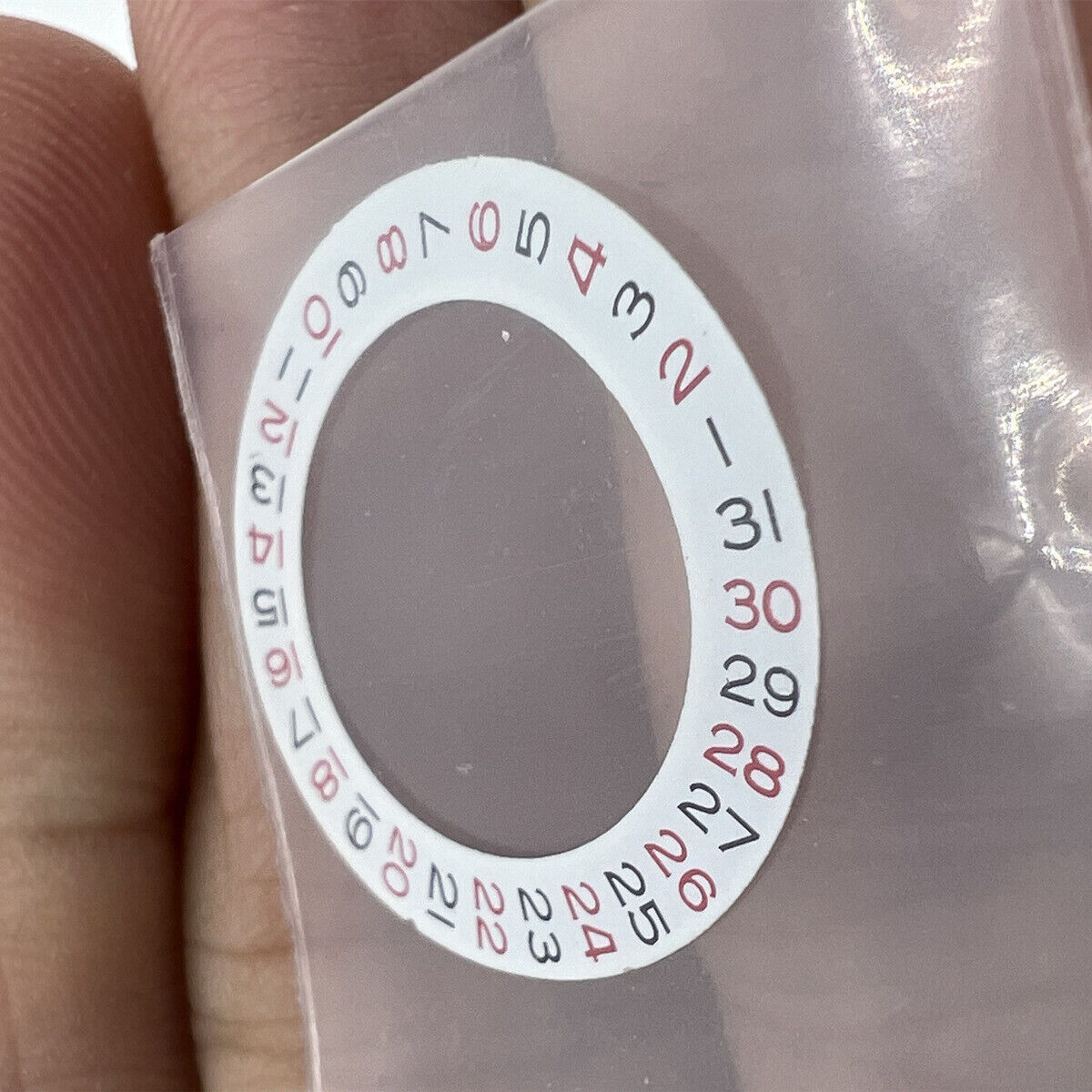 Red date wheel overlay for ETA2824, 2836, Miyota 8215/8200 movements, date display at 3 o'clock.