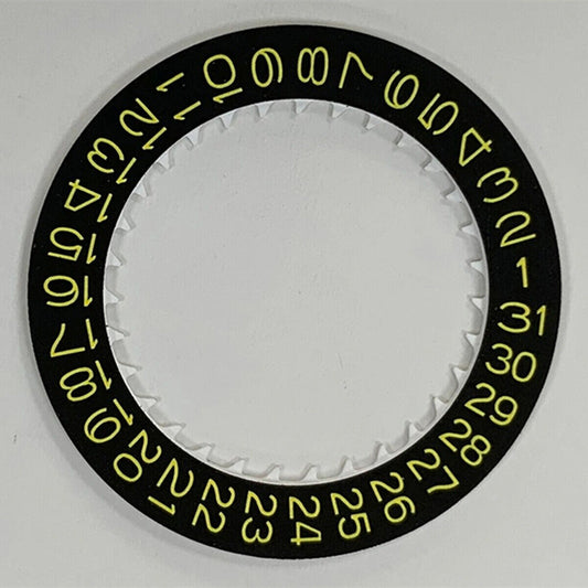Yellow font date disk wheel on black background for NH35 watch movement, enhancing date visibility and style.