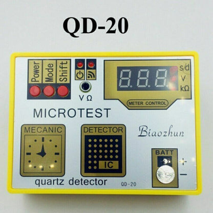 QD-20 Quartz Movement Tester showing precise watch battery and movement diagnostics.