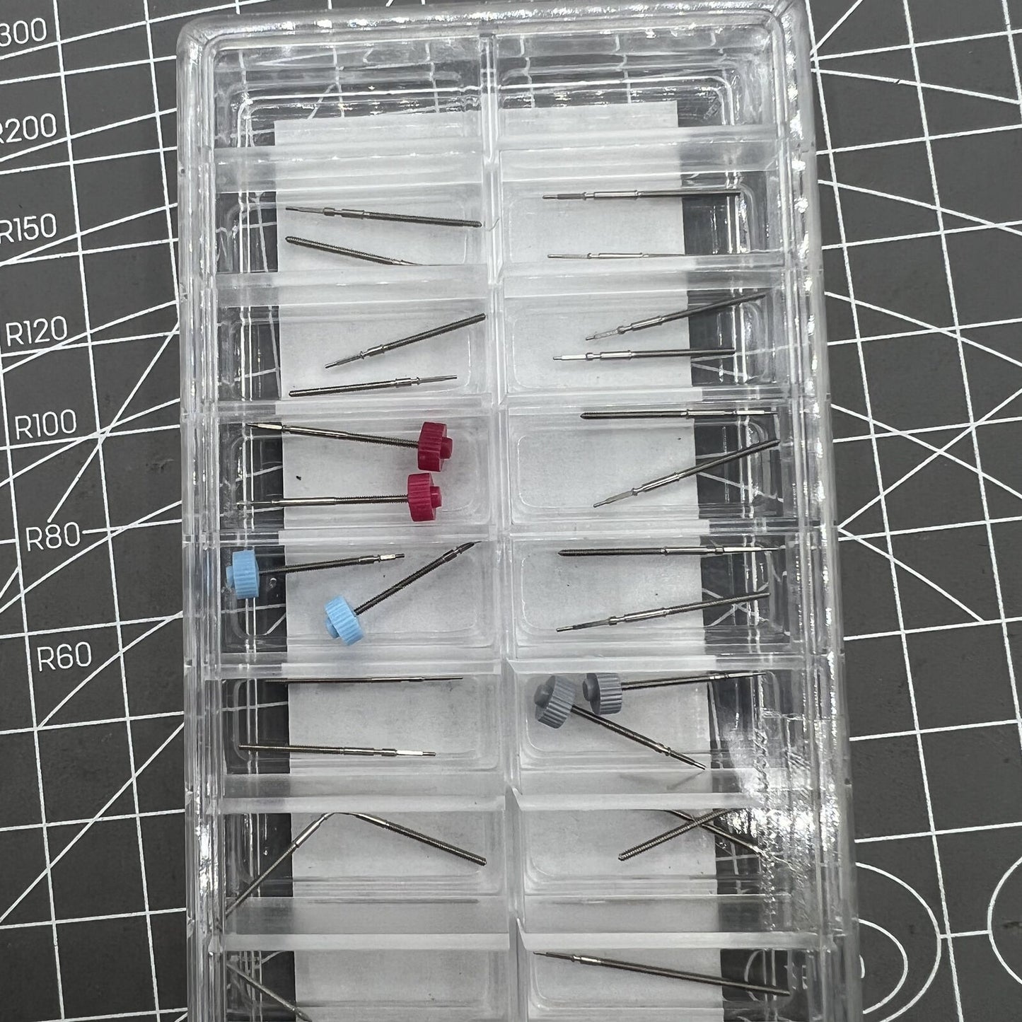 Set of 38 Ronda winding stems in 19 sizes for precise watch movement adjustments and repairs