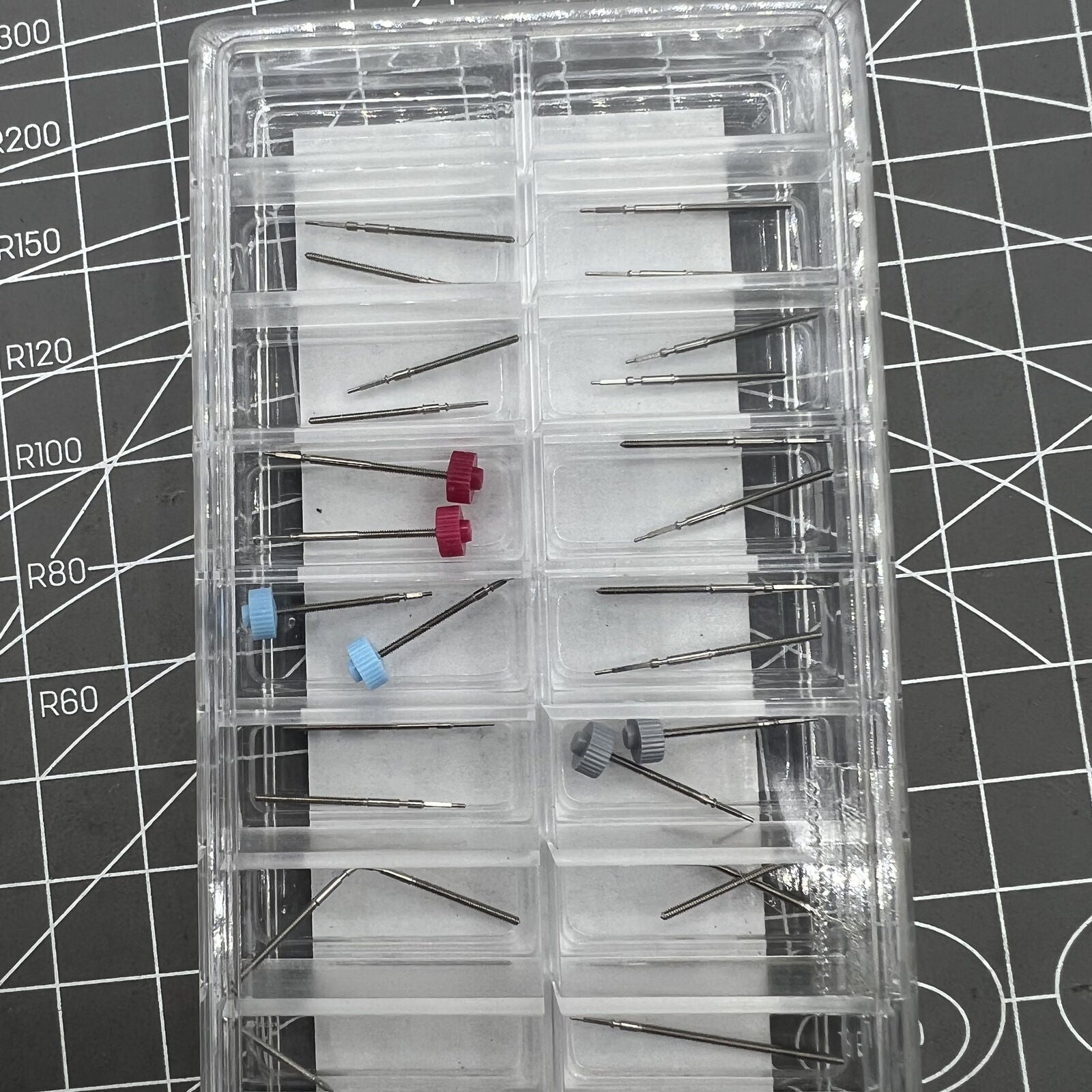 Set of 38 Ronda winding stems in 19 sizes for precise watch movement adjustments and repairs