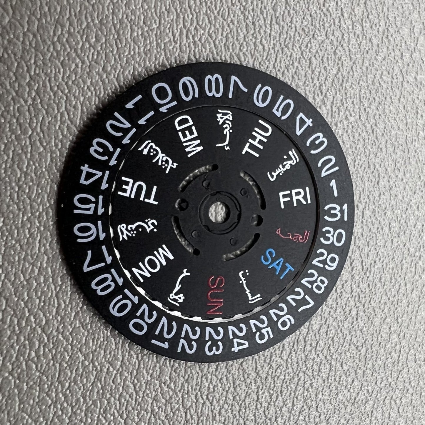 Black Arabic/English date and week wheel for NH36 watch movement by Seiko, crown at 3 o'clock.