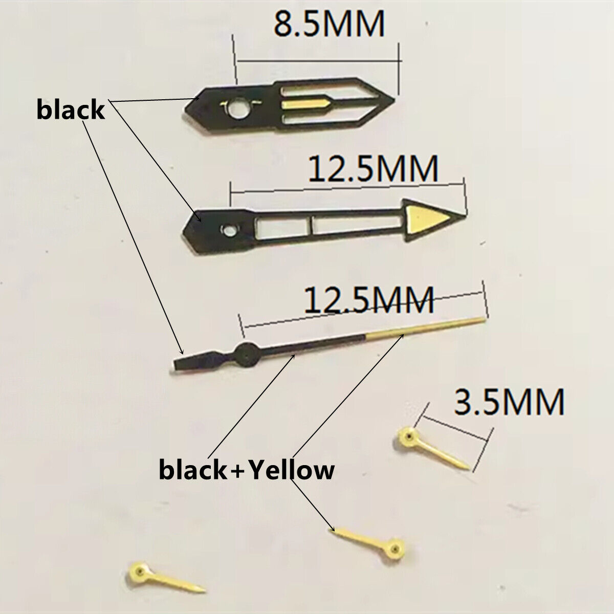 13mm yellow and black trim watch hands with green lume for PE90 movement, durable and precise Watch Part.