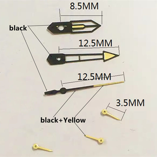 13mm yellow and black trim watch hands with green lume for PE90 movement, durable and precise Watch Part.